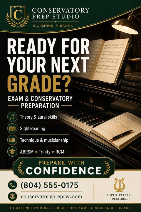 Flyer for Conservatory Prep Studio offering exam and conservatory preparation. Features a photo of a grand piano with sheet music illuminated by a lamp. Text reads 'Ready for your next grade?' with a list of skills taught.