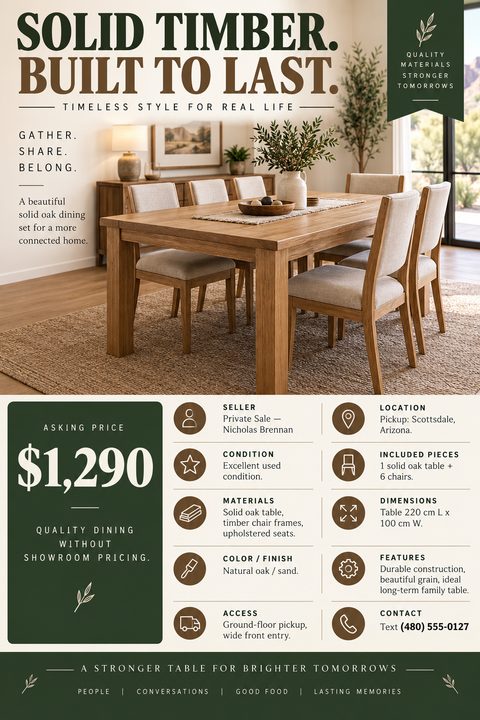 Flyer for a solid timber dining set for sale. Large photo of an oak table and six chairs. Text reads 'Solid Timber. Built to Last.' Below is a green block with asking price $1,290 and a grid of details including seller, condition, materials.