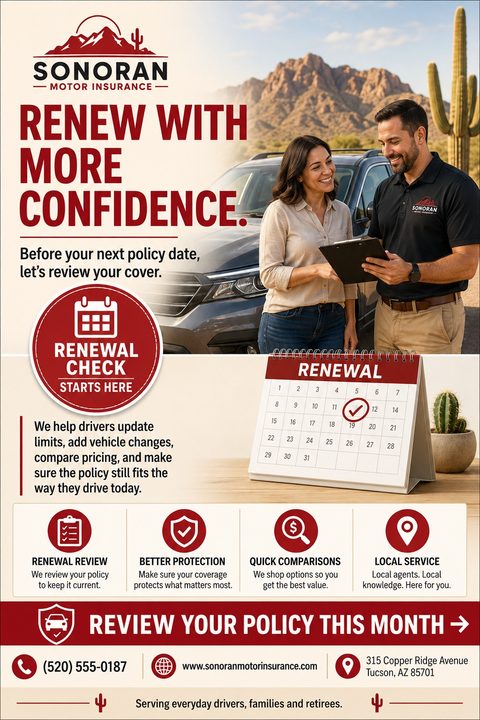 A flyer for an auto insurance agency featuring an agent and client by a car in a desert landscape. It includes a calendar graphic, service icons, and contact details in red and cream.