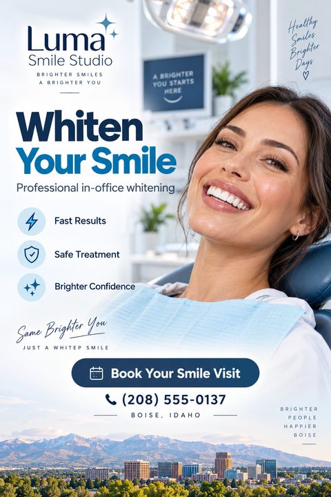A dental promotional flyer featuring a smiling woman in a dentist chair, bold blue text advertising teeth whitening, bulleted benefits, and a local city skyline with mountains at the bottom.
