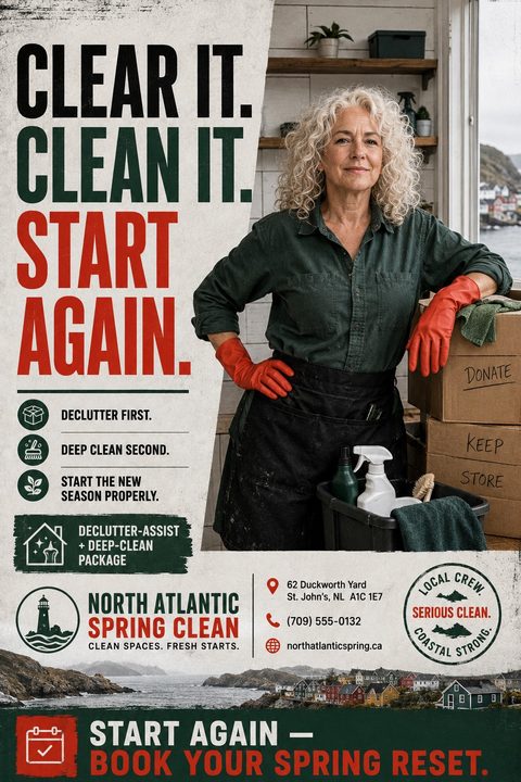 A rustic spring cleaning flyer featuring a woman in red rubber gloves leaning on labeled boxes. Bold text reads Clear it. Clean it. Start again. with dark green and red accents.