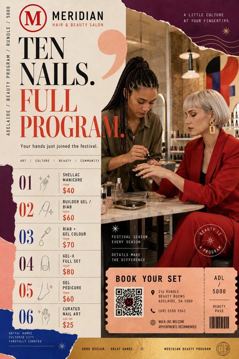 A stylish nail salon price list flyer with torn paper edges and vintage typography. A photo shows a nail technician painting a client's nails. The layout includes a numbered service menu and booking ticket.