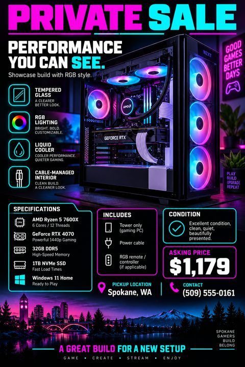 A flyer for a private sale of a gaming PC. The design features a large image of a custom PC with RGB lighting, neon pink and cyan accents, and sections for specifications, condition, and price.