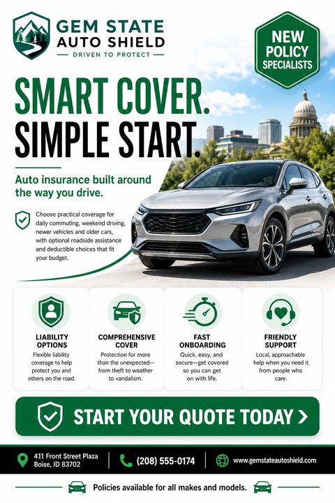 A flyer for auto insurance featuring a silver SUV parked in a city. The design uses a green and white color scheme with four icons detailing liability, comprehensive cover, fast onboarding, and friendly support.