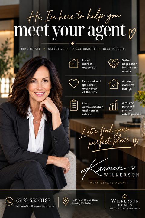 Real estate agent introduction flyer with a large photo of a woman in a suit, the headline 'meet your agent', a list of services with icons, and contact information at the bottom.