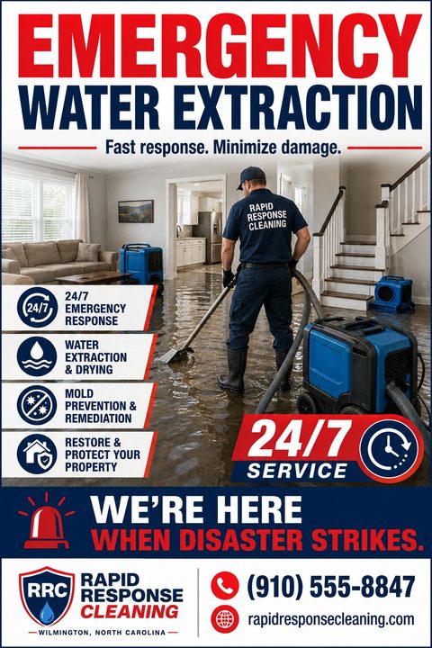 Flyer for Emergency Water Extraction featuring a worker vacuuming water from a flooded living room floor. Bold red and navy text highlights 24/7 service and key offerings like mold prevention.