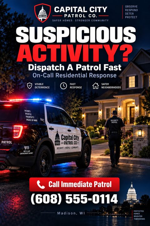 A flyer for a security patrol company featuring a dark night scene with a patrol car's flashing lights illuminating a suburban street. A security guard walks toward a lit house.