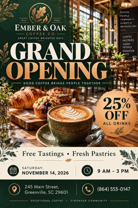 A coffee shop grand opening flyer with a dark green and gold color scheme. It features a large photo of a latte and pastries on a wooden table inside a sunlit cafe.