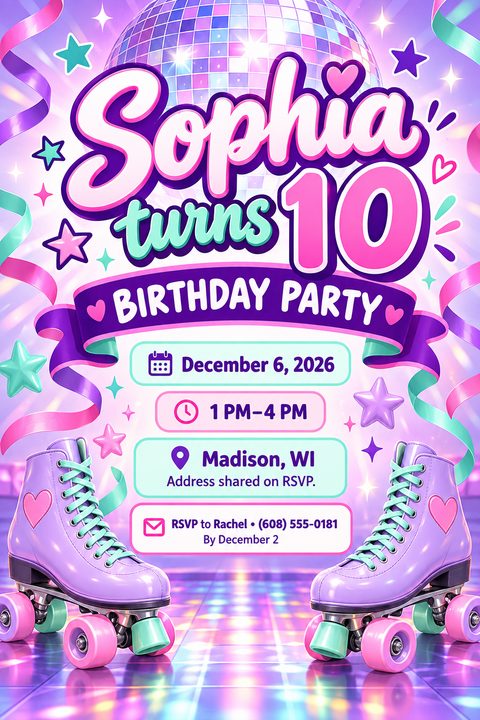 A colorful birthday party flyer featuring a disco ball at the top, two purple roller skates at the bottom, and pastel ribbons and stars. Text reads 'Sophia turns 10 Birthday Party' with event details.