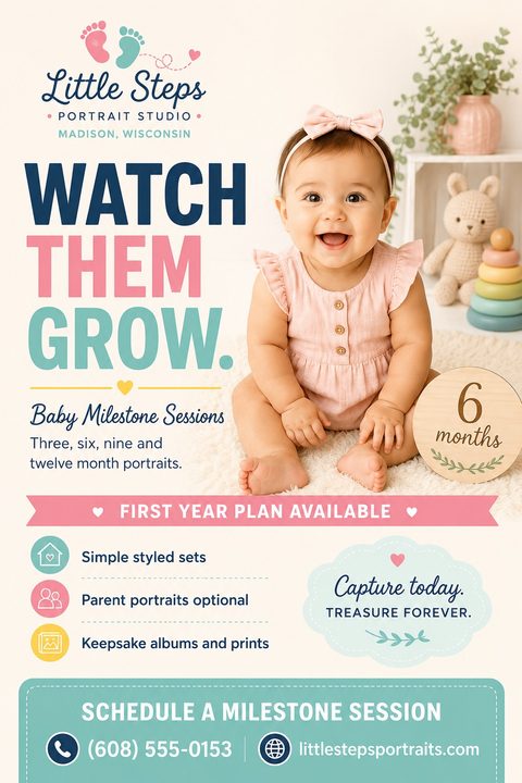 Flyer for Little Steps Portrait Studio advertising Baby Milestone Sessions. Features a photo of a smiling 6-month-old baby girl in a pink outfit. Text reads 'Watch Them Grow' and lists services like simple styled sets and keepsake albums.