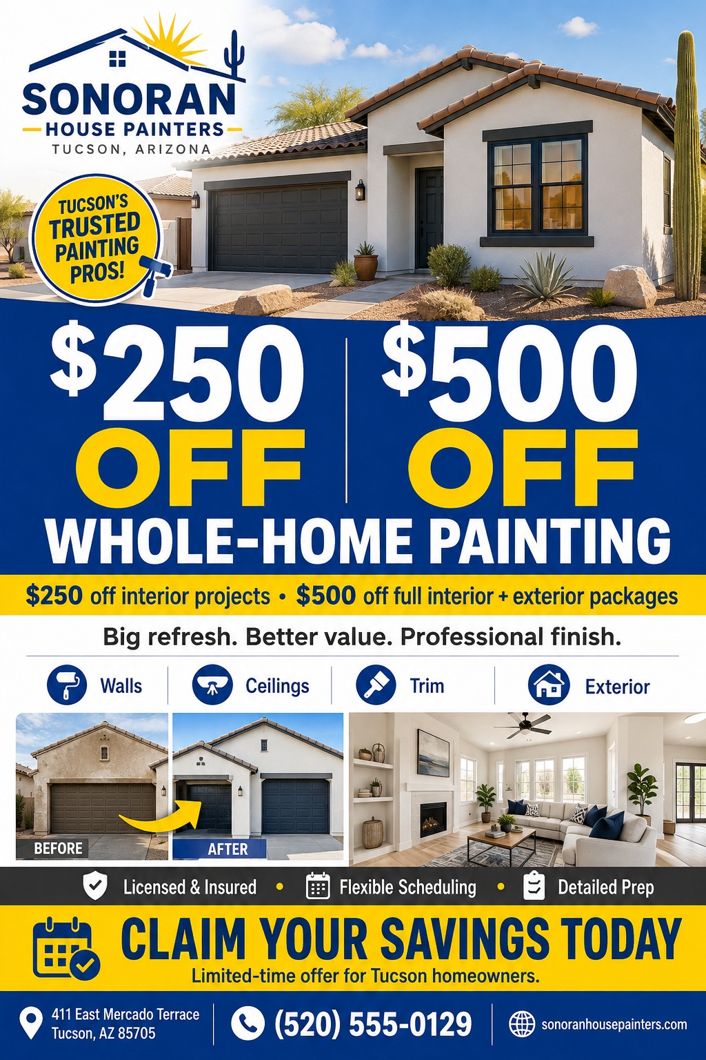 Flyer for a house painting company featuring a large photo of a modern home exterior, bold blue and yellow text offering $250 and $500 off whole-home painting, service icons for walls, ceilings, trim, and exterior, and before-and-after photos of a.