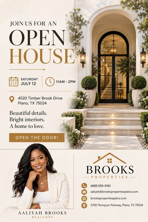 Real estate open house flyer template with a large photo of a luxury home entrance, elegant typography, and space for an agent's photo and contact information.