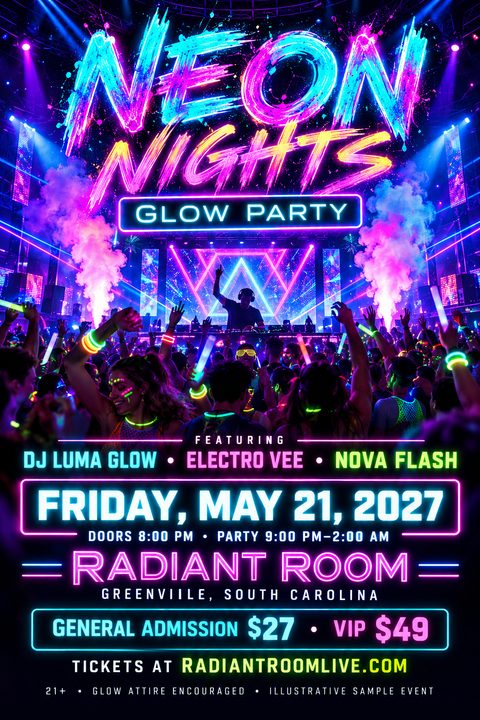 Flyer for a 'Neon Nights Glow Party' featuring a vibrant image of a DJ performing for a crowd with glow sticks and neon lights. Text includes date, time, location, ticket prices, and website.