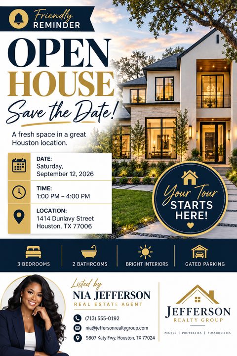 Real estate open house flyer with a large photo of a modern two-story house at twilight. Text reads 'Friendly Reminder, Open House, Save the Date!' with event details, property features, and agent contact info in navy and gold.