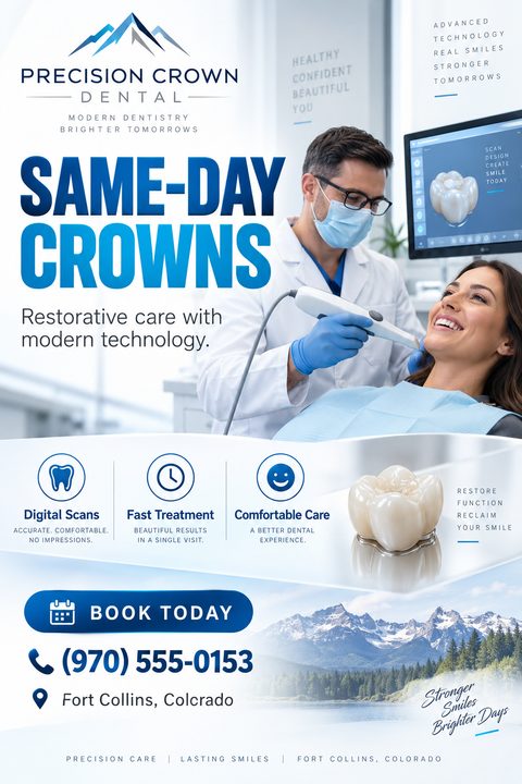 A dental flyer template with a large photo of a dentist using a digital scanner on a smiling patient. The text reads 'Same-Day Crowns' and highlights digital scans, fast treatment, and comfortable care. A mountain landscape is at the bottom.