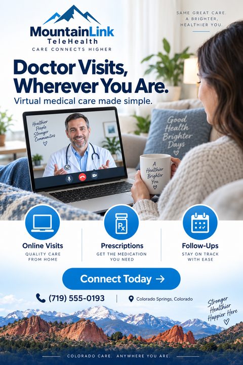 Flyer for telehealth services. Top shows a woman on a couch looking at a doctor on her laptop screen. Text reads 'Doctor Visits, Wherever You Are. Virtual medical care made simple.' Below are icons for Online Visits, Prescriptions, and Follow-Ups.