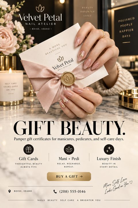 A flyer for a nail salon promoting gift certificates. The main image shows a woman's hands with manicured nails holding a gift certificate tied with a pink ribbon and a gold wax seal. The text reads 'Gift Beauty. Pamper gift certificates for.