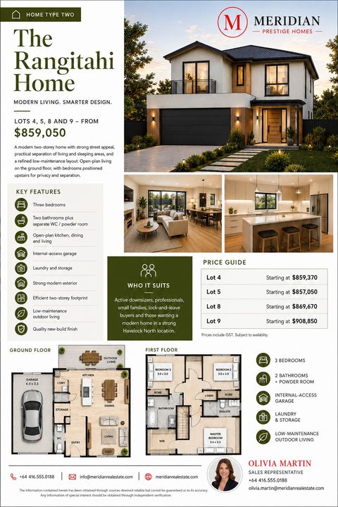 A modern home builder flyer featuring a two-story house exterior, interior living and kitchen photos, detailed ground and first-floor plans, a price guide for lots, and key features with icons.