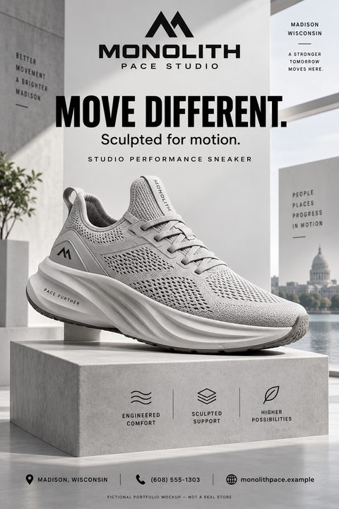 A minimalist flyer featuring a light grey athletic sneaker resting on a concrete pedestal. The background shows a modern architectural space with large windows overlooking a city skyline and water.