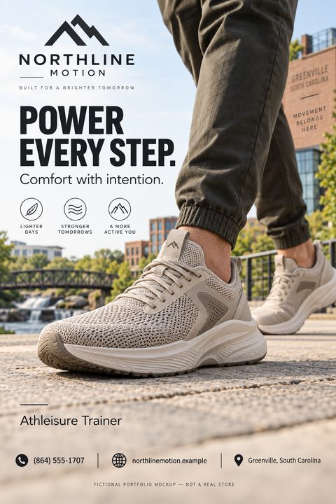 A flyer for Northline Motion featuring a close-up photo of a person walking outdoors in beige athleisure trainers. The text reads 'Power Every Step. Comfort with intention.' with icons for 'Lighter Days', 'Stronger Tomorrows', and 'A More Active.