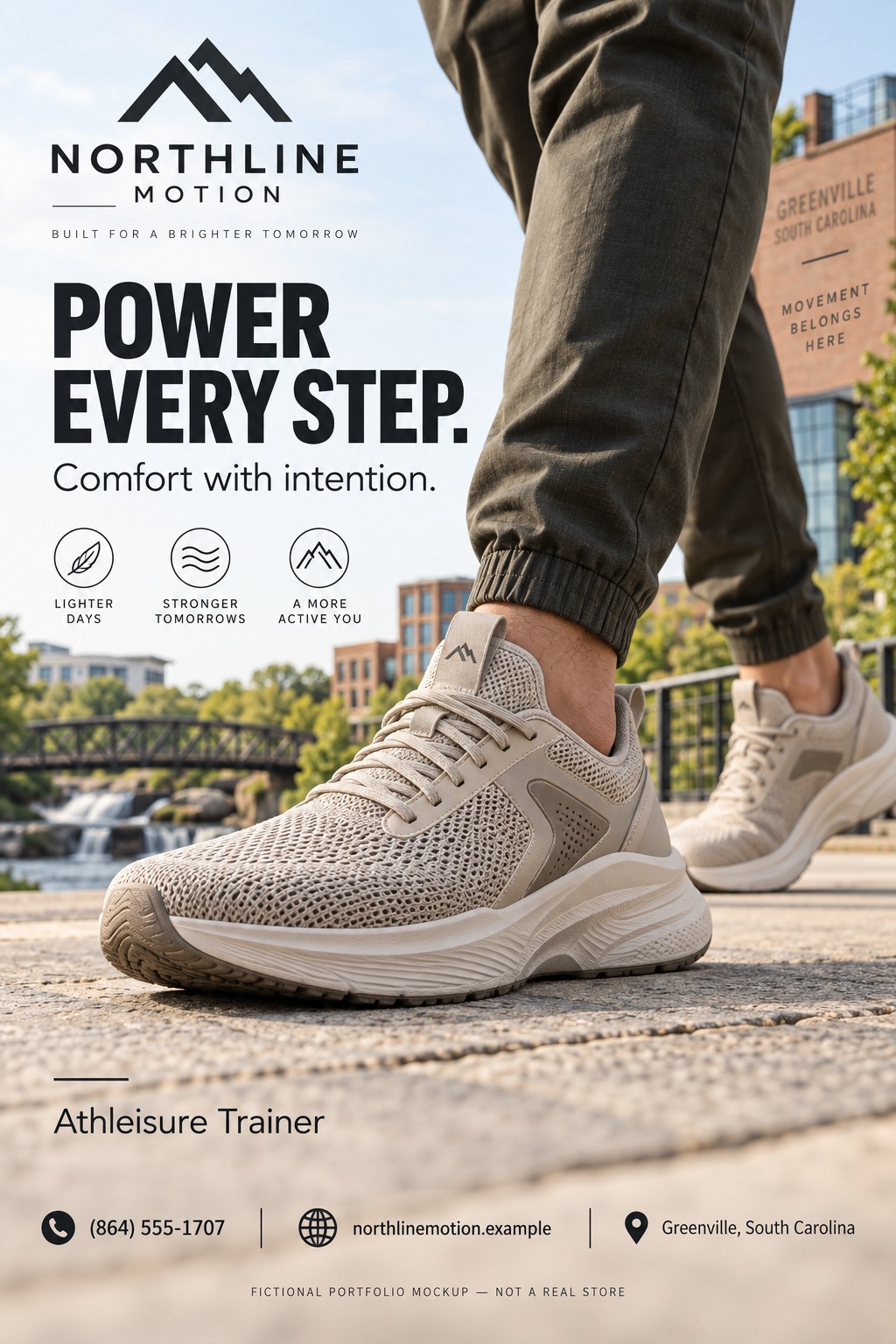 A flyer for Northline Motion featuring a close-up photo of a person walking outdoors in beige athleisure trainers. The text reads 'Power Every Step. Comfort with intention.' with icons for 'Lighter Days', 'Stronger Tomorrows', and 'A More Active.