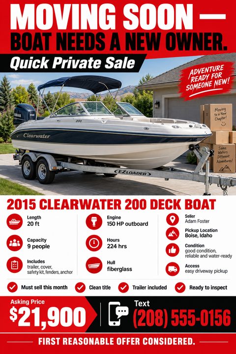 Flyer for a private boat sale. Top half features a large photo of a white and blue deck boat on a trailer parked in a driveway, with 'MOVING SOON - BOAT NEEDS A NEW OWNER' in large red and black text. Bottom half lists specifications like length.
