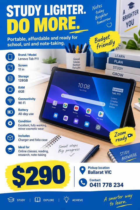 Flyer for a tablet sale with a blue and yellow color scheme. Headline 'STUDY LIGHTER. DO MORE.' Photo of a tablet on a desk. Left column lists specs with icons. Bottom shows price $290 and contact info.