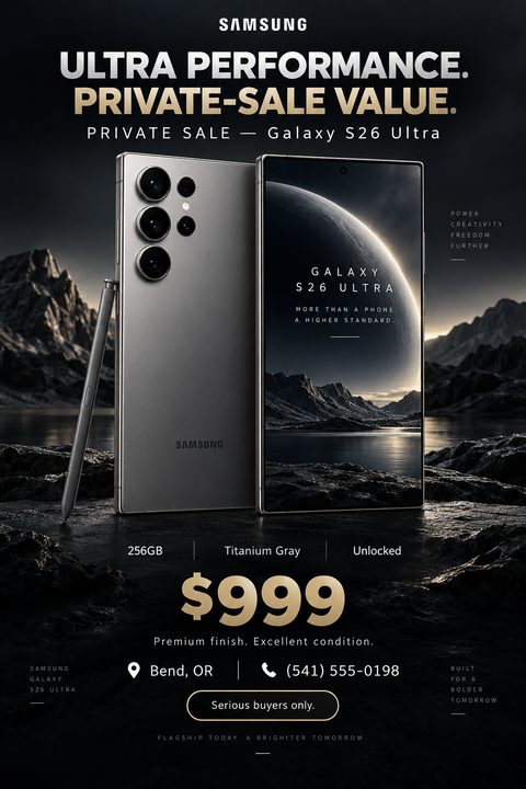 A dark, cinematic flyer for a private phone sale. It features two smartphones, one showing the back and one showing the screen, set against a dramatic landscape. Text includes 'Ultra Performance. Private-Sale Value.', specs, a price of $999, and.
