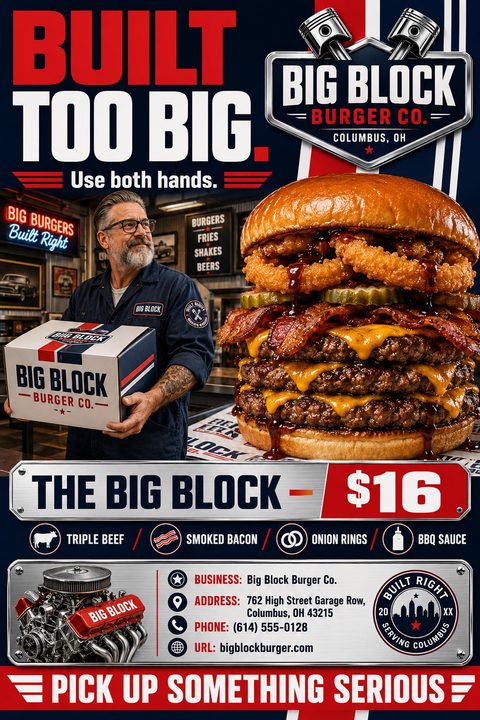 A bold, automotive-themed burger flyer featuring a massive triple-patty burger with bacon and onion rings next to a mechanic holding a branded takeout box. Navy, red, and white color scheme.