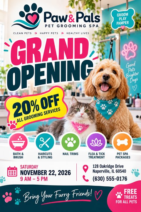 Flyer for a pet grooming spa grand opening featuring a happy dog and cat wearing bandanas. Large text reads 'Grand Opening' and '20% Off All Grooming Services'. Includes icons for bath, haircuts, nail trims, flea treatment, and spa packages, plus.