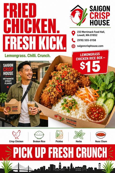 Flyer for a fried chicken takeaway with bold red text reading 'Fried Chicken. Fresh Kick.' A large photo shows a box of fried chicken with rice and vegetables. A smaller photo shows a smiling man holding a takeaway box and drink. Icons highlight.