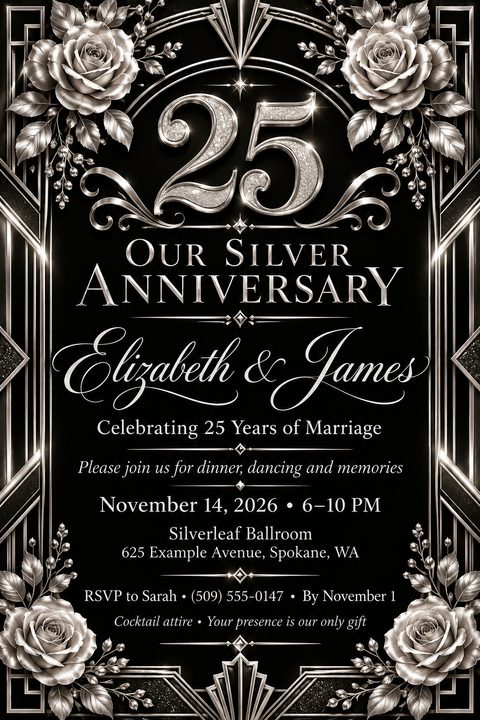 Elegant black invitation flyer featuring ornate silver Art Deco borders, metallic silver roses in the corners, and a large sparkly silver number 25 above formal script text for an anniversary party.