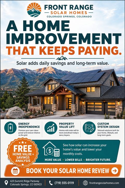 A flyer for a solar company featuring a large photo of a house with solar panels in front of a mountain range. Text reads 'A home improvement that keeps paying.' with icons for energy independence, property value lift, and custom system design.