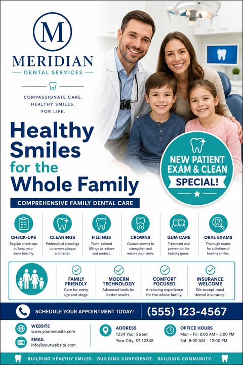 Flyer for a dental clinic featuring a smiling dentist with a family, a list of services with icons, and a 'New Patient Exam & Clean Special' badge.