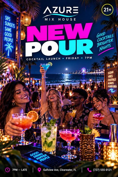 A vibrant flyer for a cocktail launch featuring a lively beach bar scene at night. Four friends laugh and hold up colorful cocktails. Bold neon pink and blue text reads 'New Pour'.