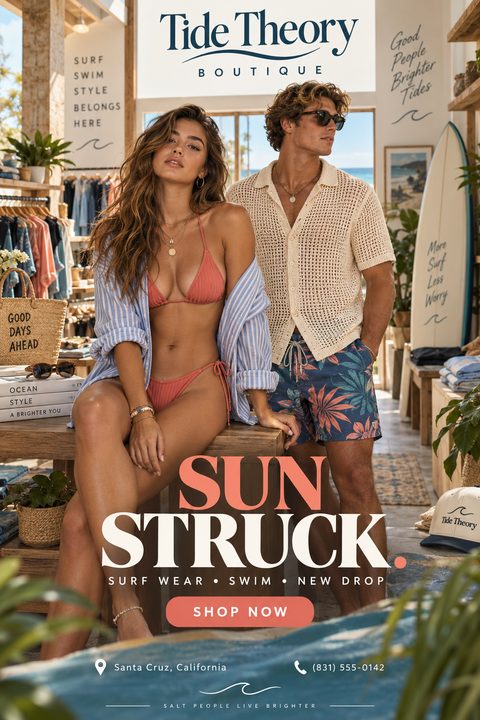 A flyer for a surf boutique featuring a man and woman in swimwear and beach attire inside a coastal shop. Bold text reads 'SUN STRUCK. SURF WEAR. SWIM. NEW DROP.' with a 'SHOP NOW' button.