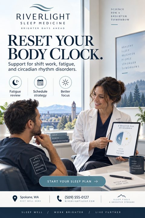 A flyer for Riverlight Sleep Medicine titled 'Reset Your Body Clock' featuring a doctor showing a tablet to a patient in a bright office.