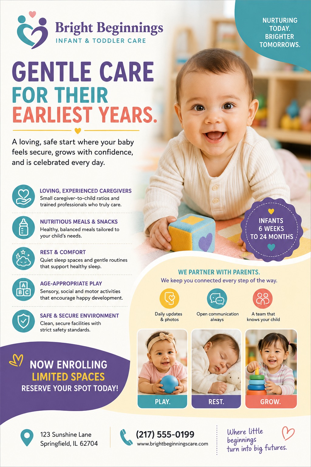 Flyer for infant and toddler care featuring a large photo of a smiling baby playing with a block. Text highlights gentle care, experienced caregivers, nutritious meals, and age-appropriate play. Includes three smaller photos of babies playing.