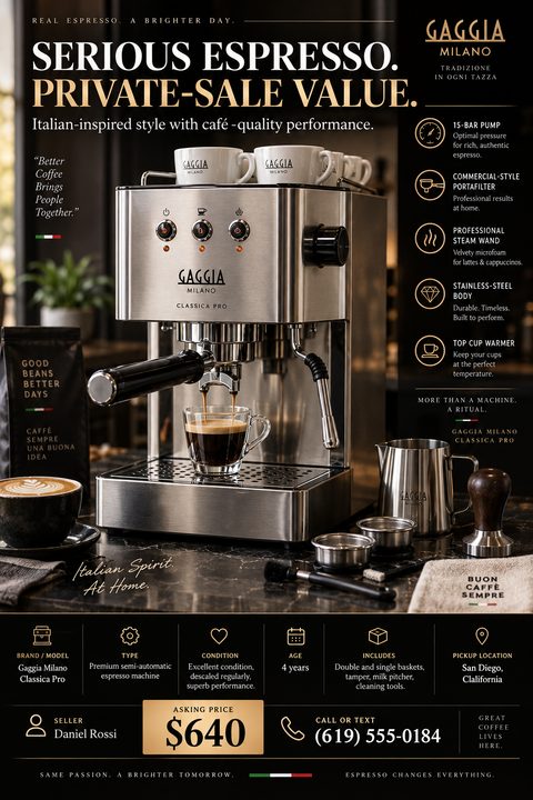 A sophisticated private sale flyer for an espresso machine. It features a large photo of the machine, gold text on a dark background, a feature list with icons, and clear pricing.