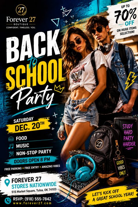 A grunge-style back-to-school party and sale flyer featuring a young man and woman in trendy casual clothing, with bold white and yellow text, neon accents, and a dark textured background.
