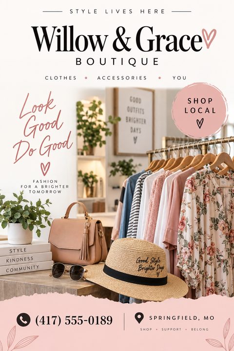 A flyer for a boutique with a photo of clothing on a rack, a purse, a hat, and sunglasses. The text reads 'Style Lives Here', 'Willow & Grace Boutique', 'Clothes, Accessories, You', 'Look Good Do Good', and 'Shop Local'.