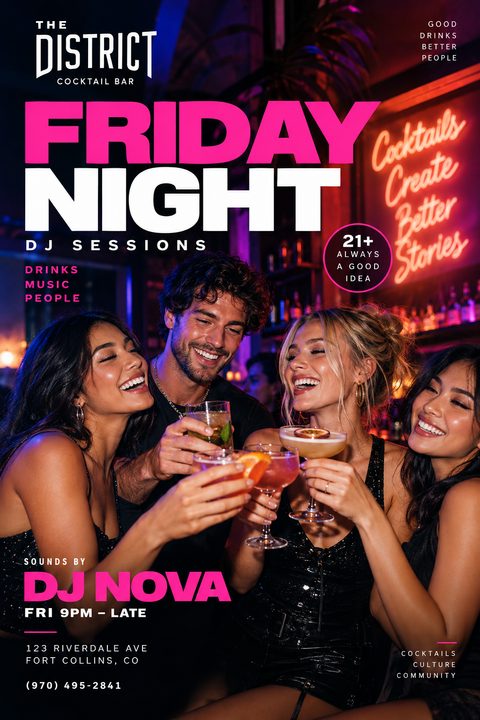 Flyer for a Friday Night DJ Session at a cocktail bar, featuring a photo of four friends laughing and toasting with cocktails. The text 'FRIDAY NIGHT' is in large, bold pink and white letters.