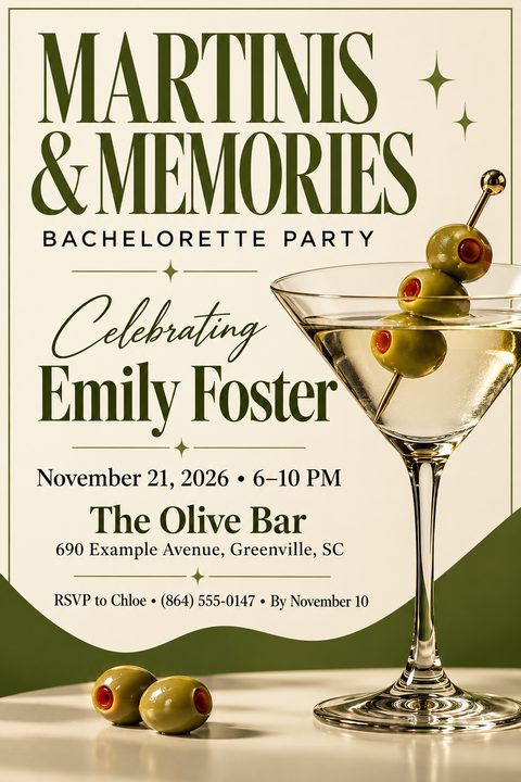 A bachelorette party flyer with a large photo of a martini glass garnished with olives on the right. The text reads 'Martinis & Memories Bachelorette Party Celebrating Emily Foster' with event details below in dark green on a cream background.