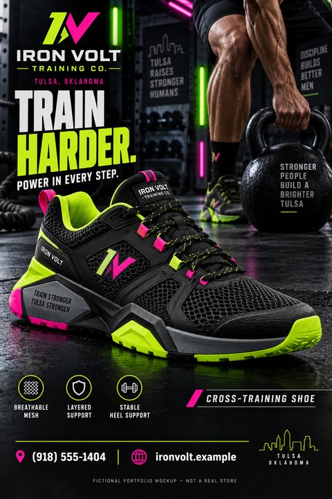 A promotional flyer for a cross-training shoe featuring a large black sneaker with neon green and pink accents. In the background, a person lifts a kettlebell in a gym setting.