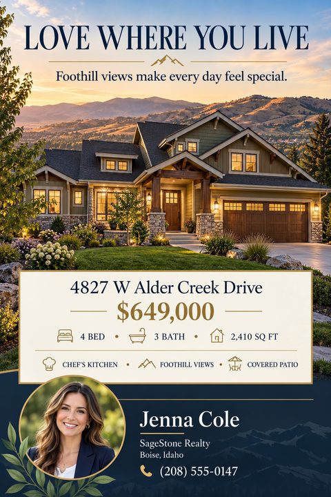 A real estate flyer featuring a large photo of a house with mountains behind it. Below is a cream box with property details and a navy section with an agent's photo and contact information.