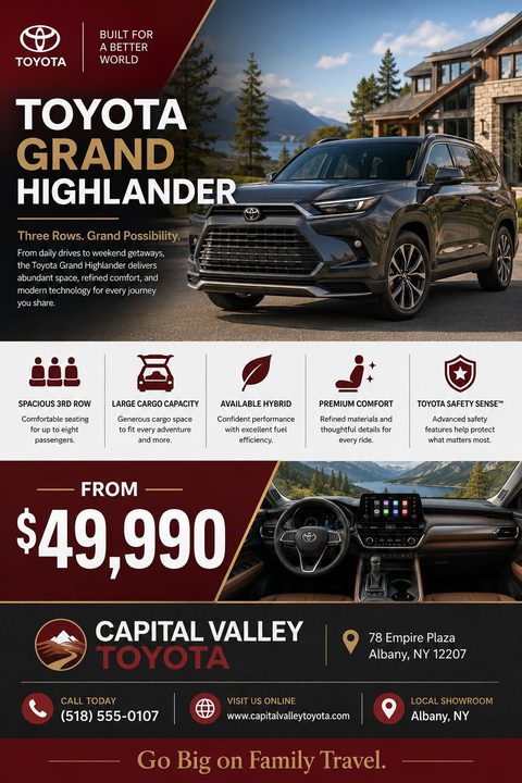 A car sales flyer featuring a dark SUV parked near a lake and mountains. The flyer uses a burgundy, gold, and dark gray color scheme. It highlights features like a spacious 3rd row, large cargo capacity, available hybrid, premium comfort, and safety.