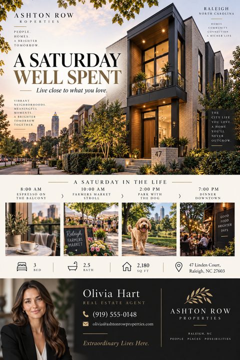 Real estate flyer featuring a large photo of a modern townhouse at dusk, a timeline of weekend activities with four smaller photos (coffee, farmers market, dog walking, dinner), property details, and agent contact information.