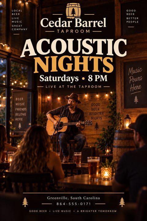 Flyer for Cedar Barrel Taproom Acoustic Nights featuring a photo of a man playing acoustic guitar on a small stage in a rustic, dimly lit bar with patrons watching.