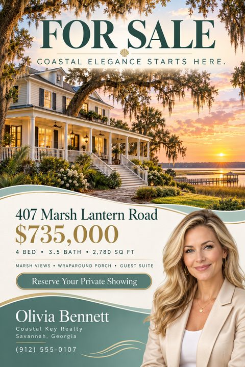 Real estate flyer template with a large photo of a coastal home at sunset, 'For Sale' heading, property details, price, and a real estate agent's photo and contact information.