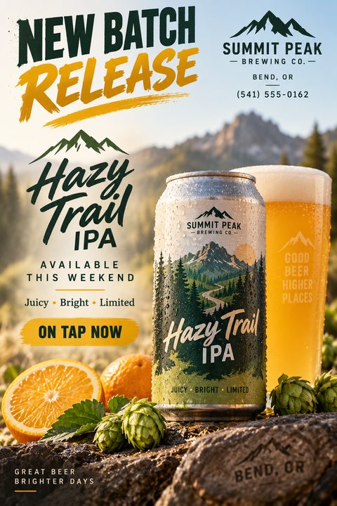 A flyer for a new craft beer release, featuring a can of Hazy Trail IPA and a glass of beer set against a mountain landscape with oranges and hops in the foreground.
